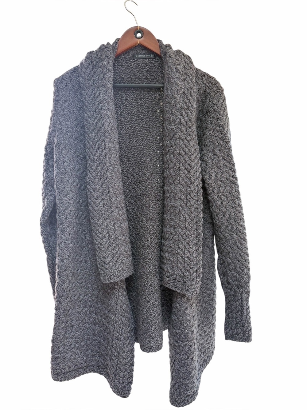 Ireland’s Eye XXL Irish Wool Cable Knit Open Front Cardigan Made Ireland